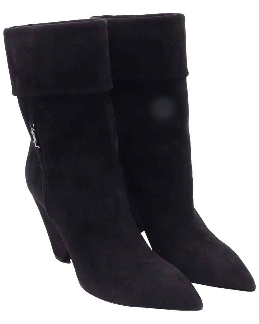 Saint Laurent Women's Suede Niki 85 Wedge Ankle Boot (authentic Pre-loved) In Black