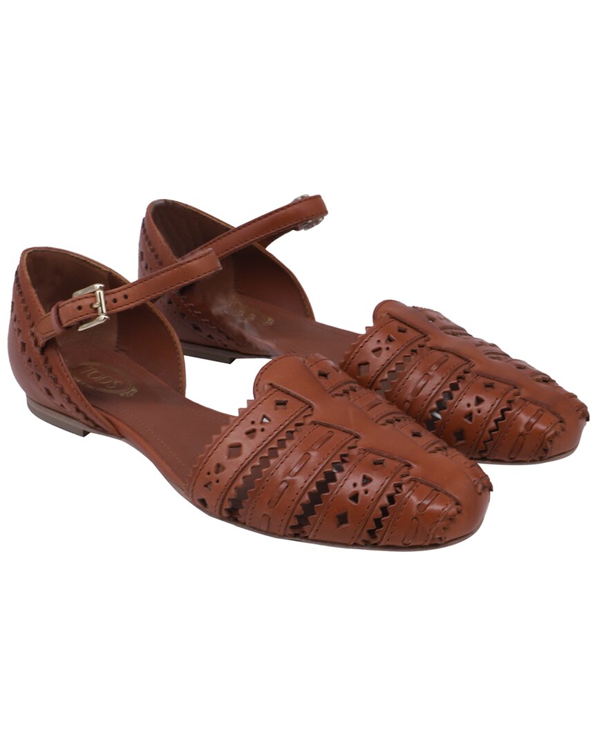 Pre-owned Tod's Women's Leather Laser-cut Ankle Strap Ballet Flat (authentic Pre-loved)