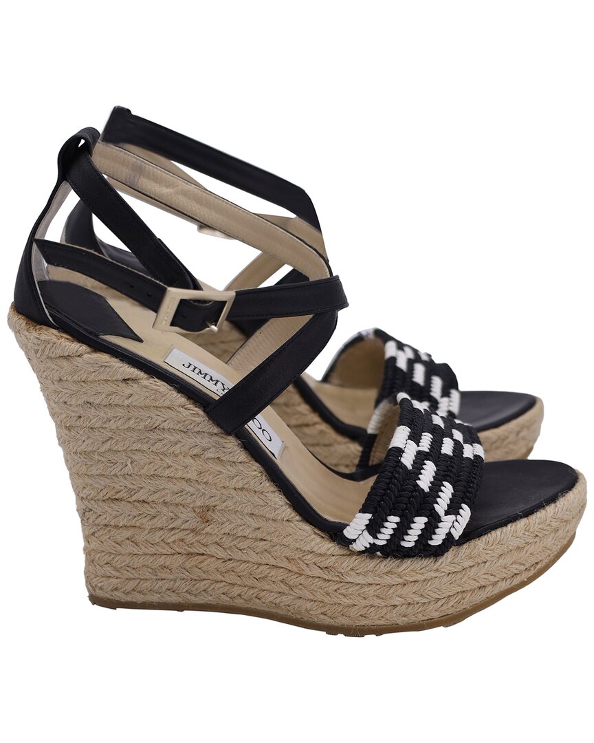 Jimmy Choo Woven Espadrille Wedge Sandals In Black Jute And Leather In Black