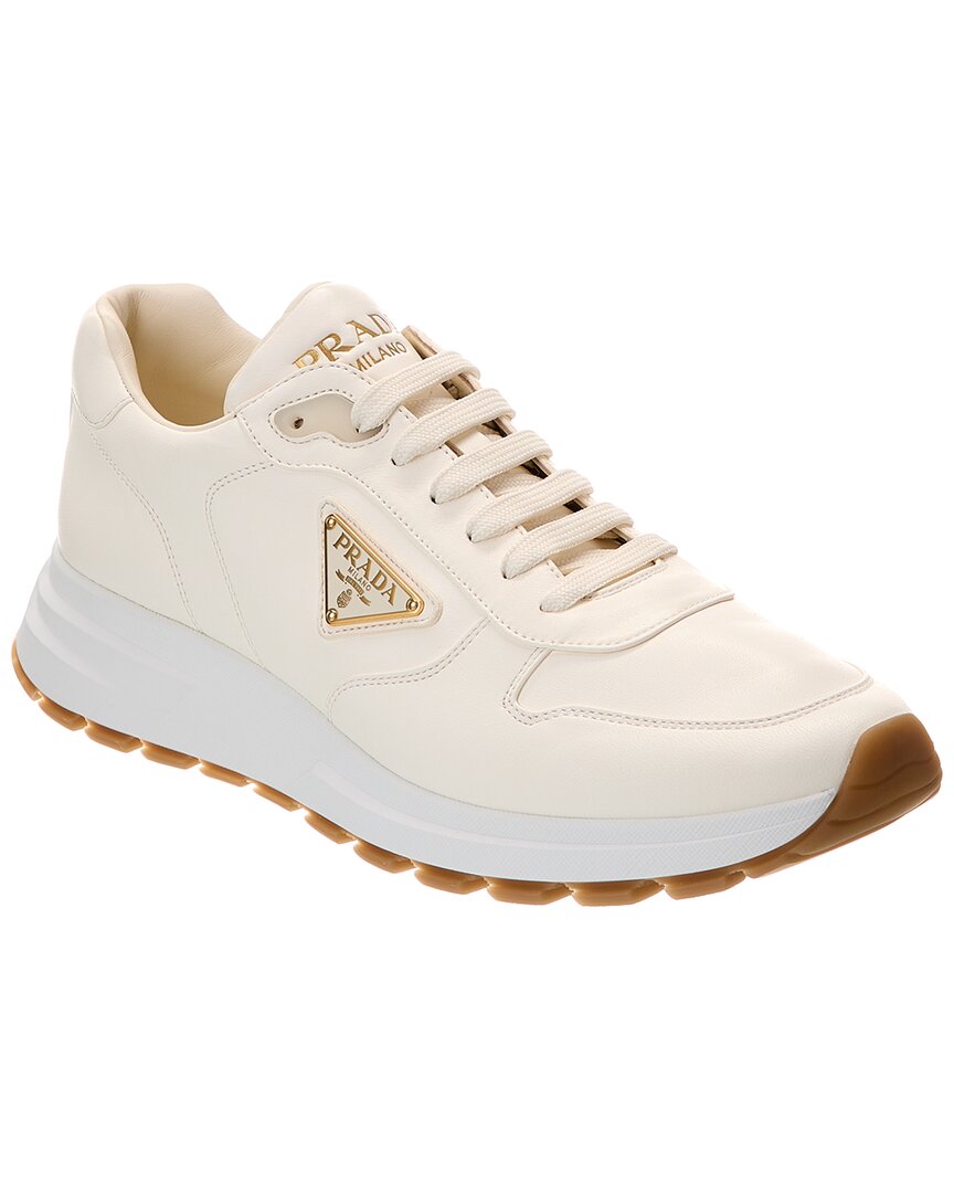 Shop Prada Logo Leather Sneaker In White