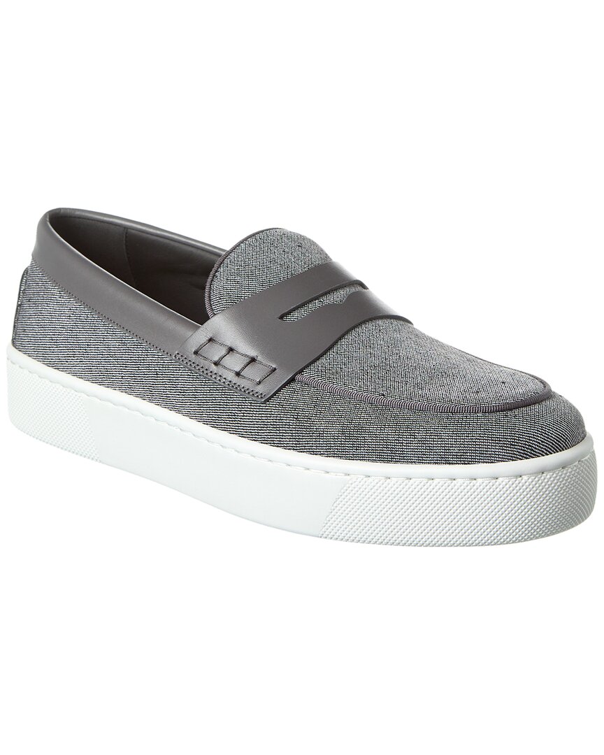 Christian Louboutin Paqueboat Leather-trimmed Linen-canvas Penny Loafers In Grey