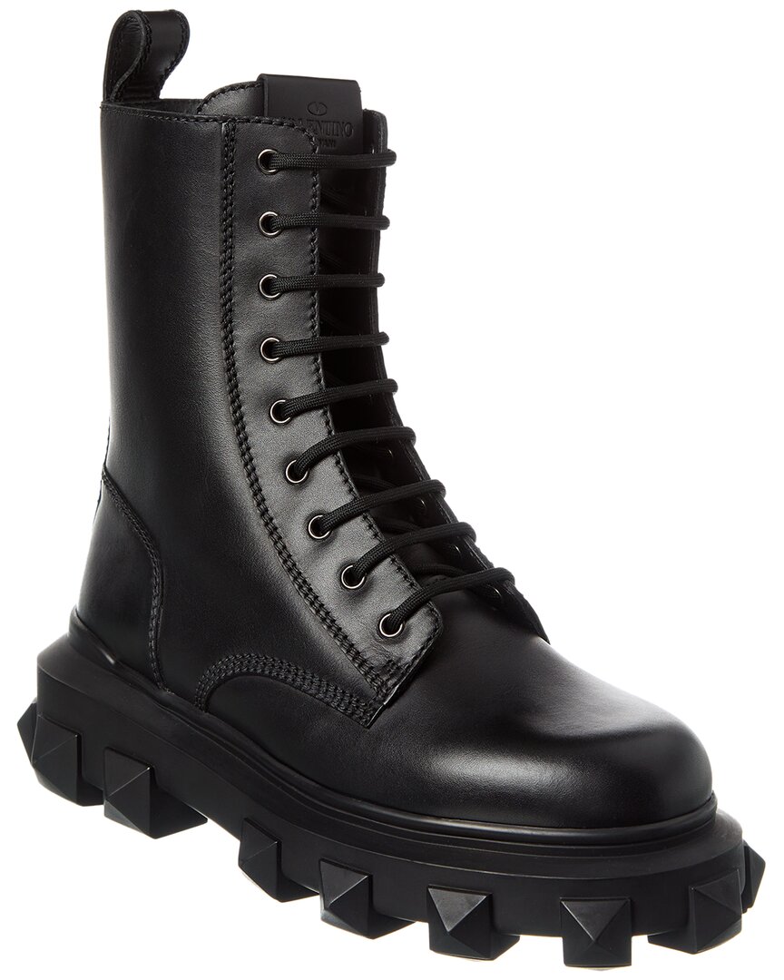 Valentino Roman Stud Leather Combat Boot In Black