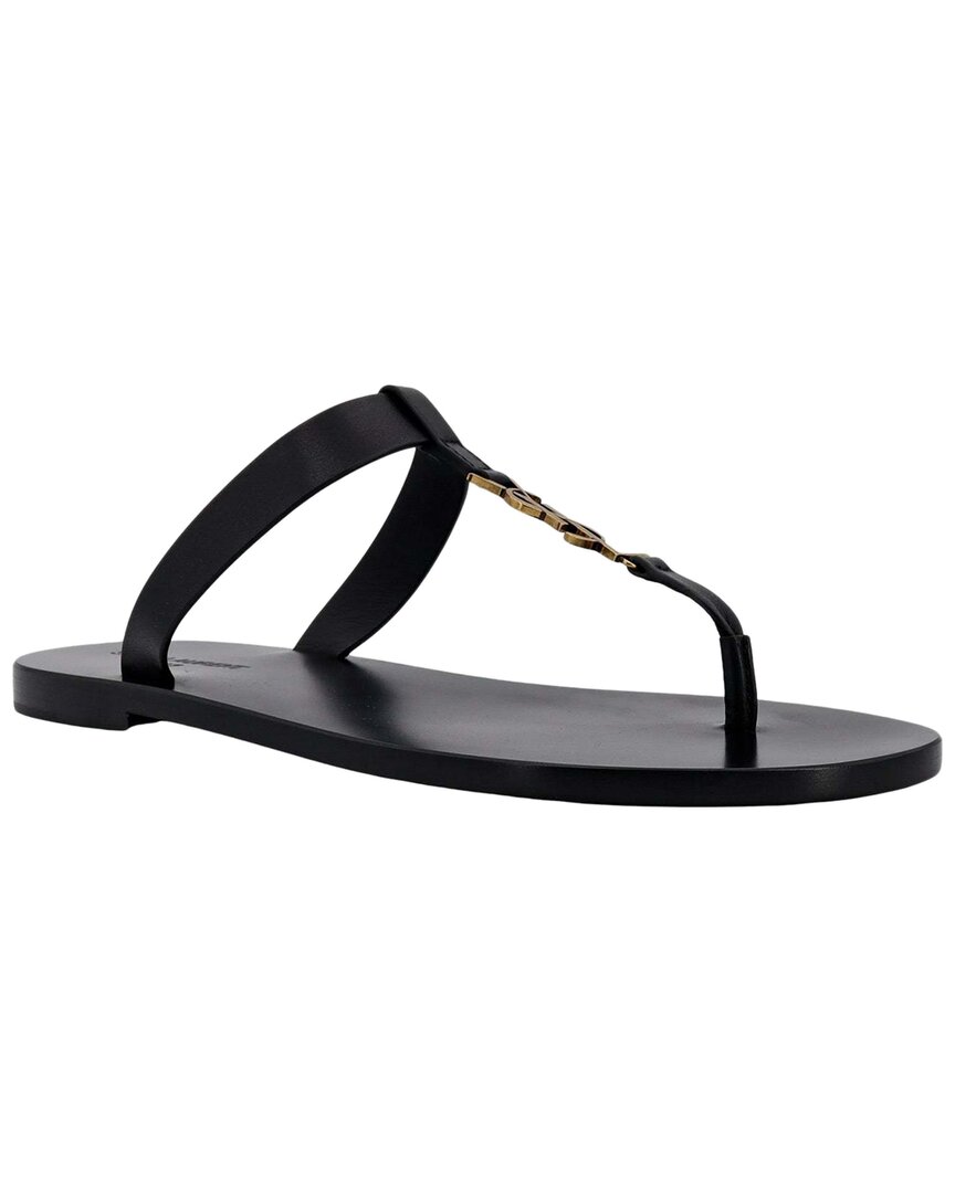 Saint Laurent Cassandre Black Flat Sandals With A T-strap In Leather Woman In Black
