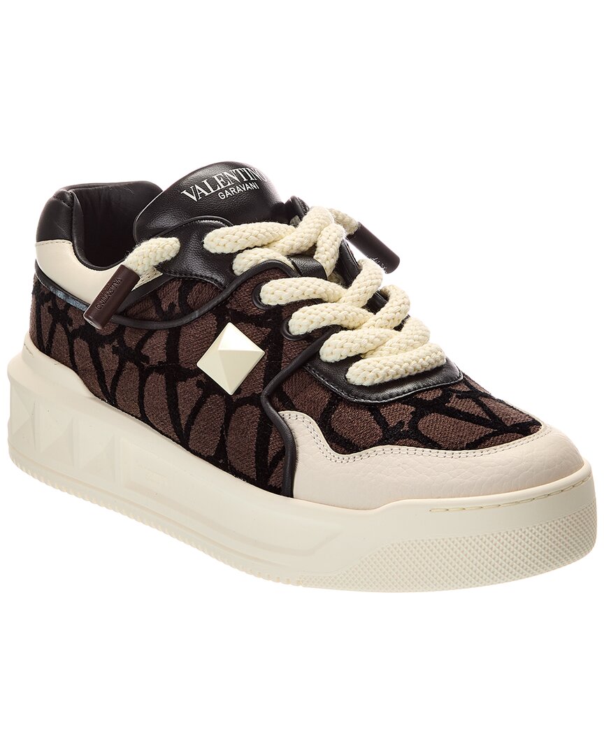 Valentino One Stud Xl Low-top Sneaker In Nappa Leather And Jacquard Toile Iconographe Technical Fabric