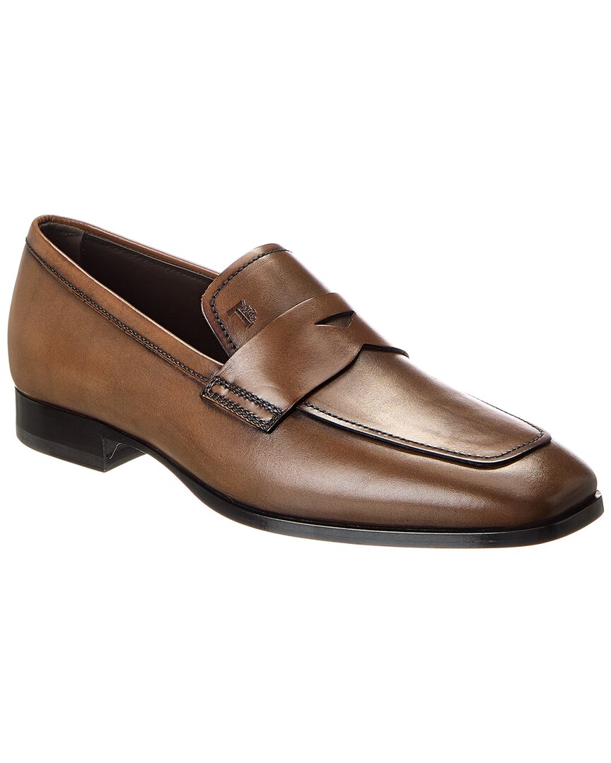 Tod's Leather Loafers With Round Toe And Rubber Sole In Brown