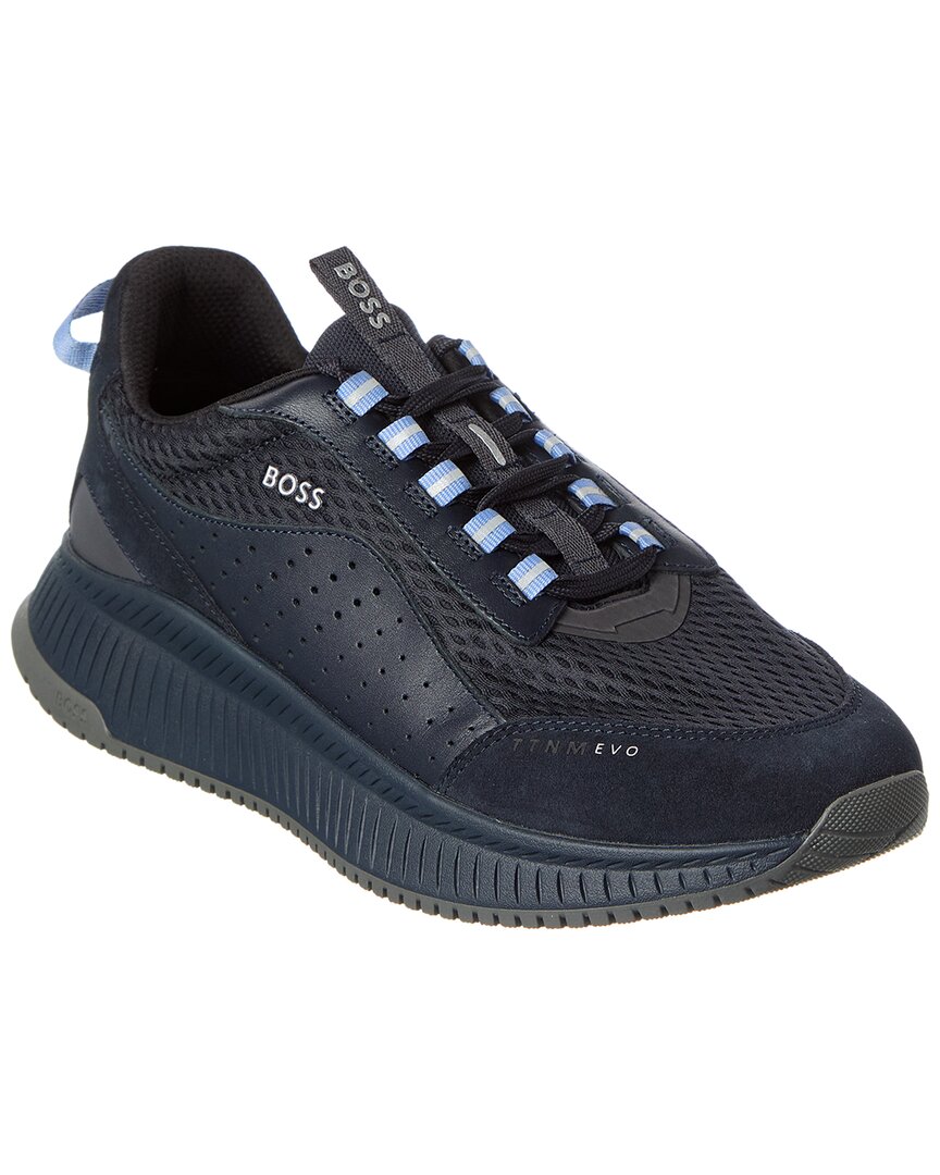 Hugo Boss Ttnm Evo Suede, Leather And Mesh Trainers With Ribbed Sole In Blue