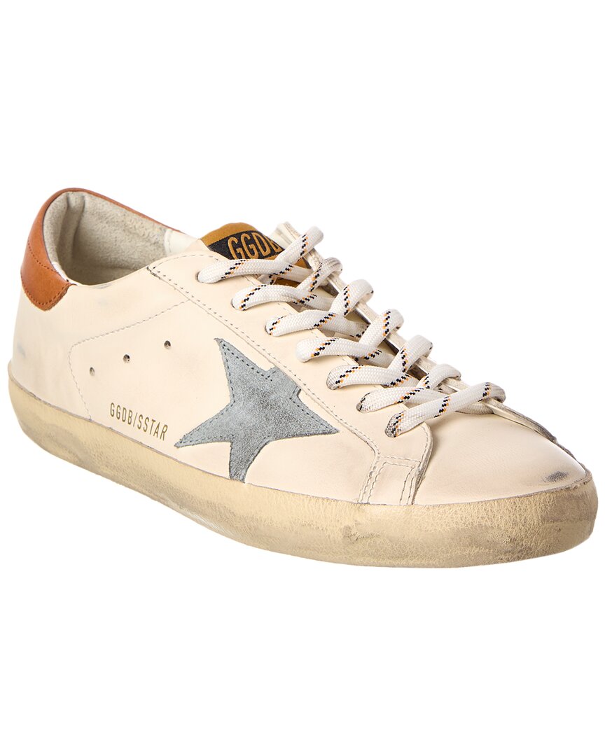 Golden Goose Super-star White Leather Sneakers With Grey Suede Star And Brown Heel In White