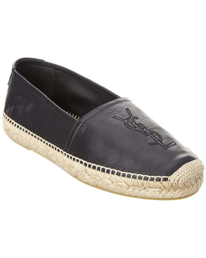 Saint Laurent Black Leather Monogram Espadrilles In Black