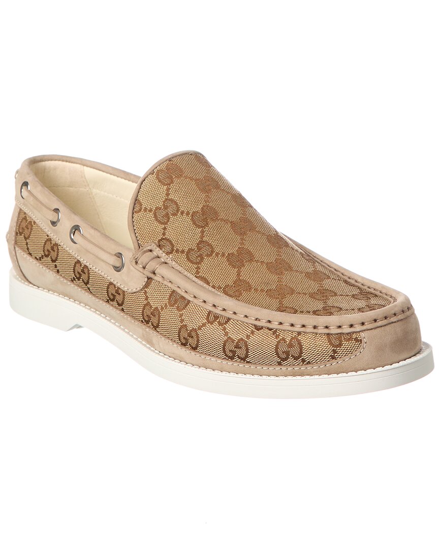 Gucci Gg Canvas Leather Loafers In Beige