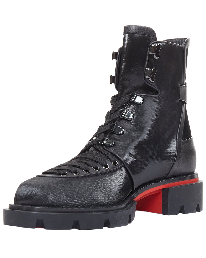 Pre-owned Christian Louboutin Men's Toile Canvas Our Macademia Flat Combat Boot  (authentic Pre-loved)