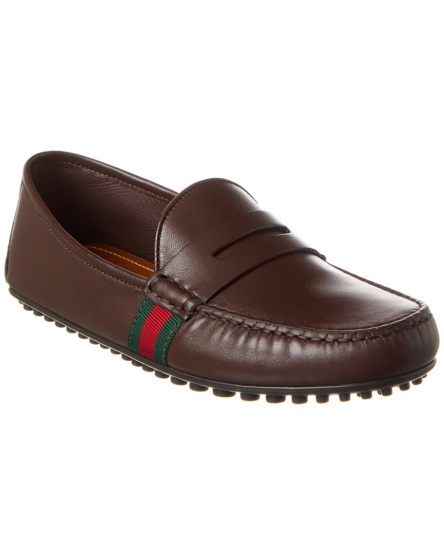 Shop Gucci Web Leather Driver In Brown