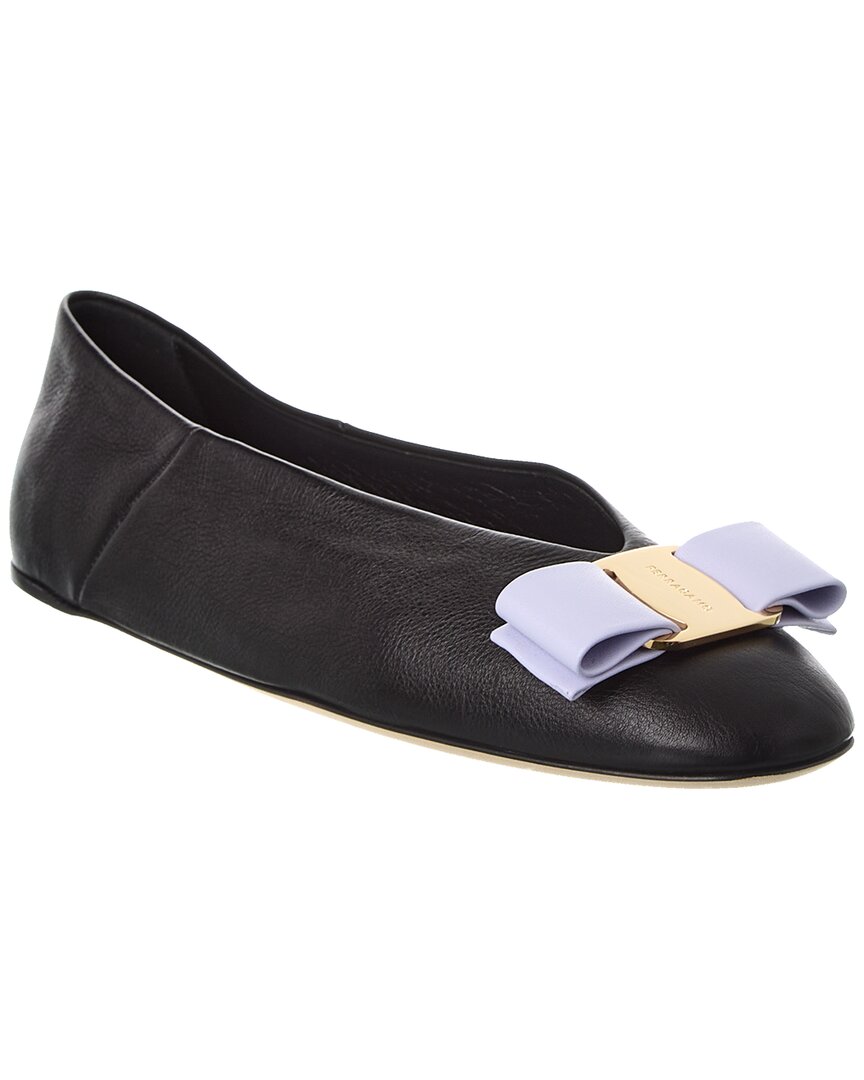 Ferragamo 5mm Vanna Leather Ballerina Flats In Black