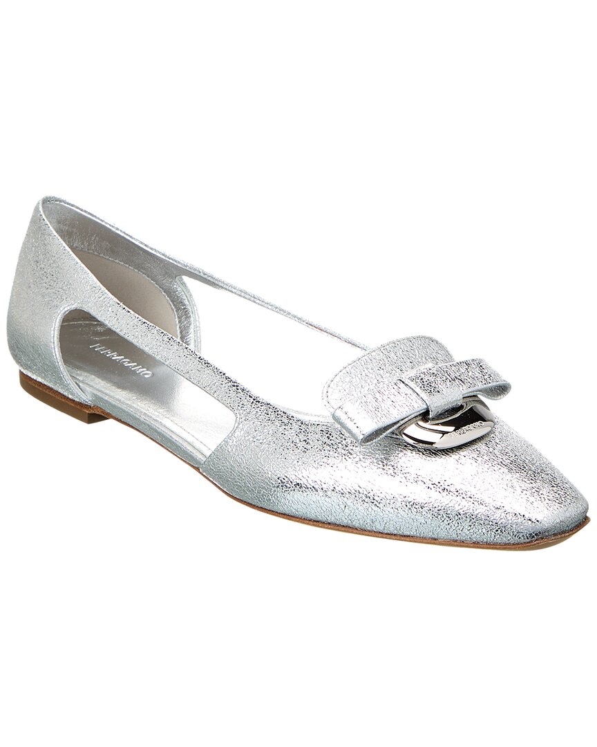 Ferragamo Cutout Leather Ballet Flat In Silver
