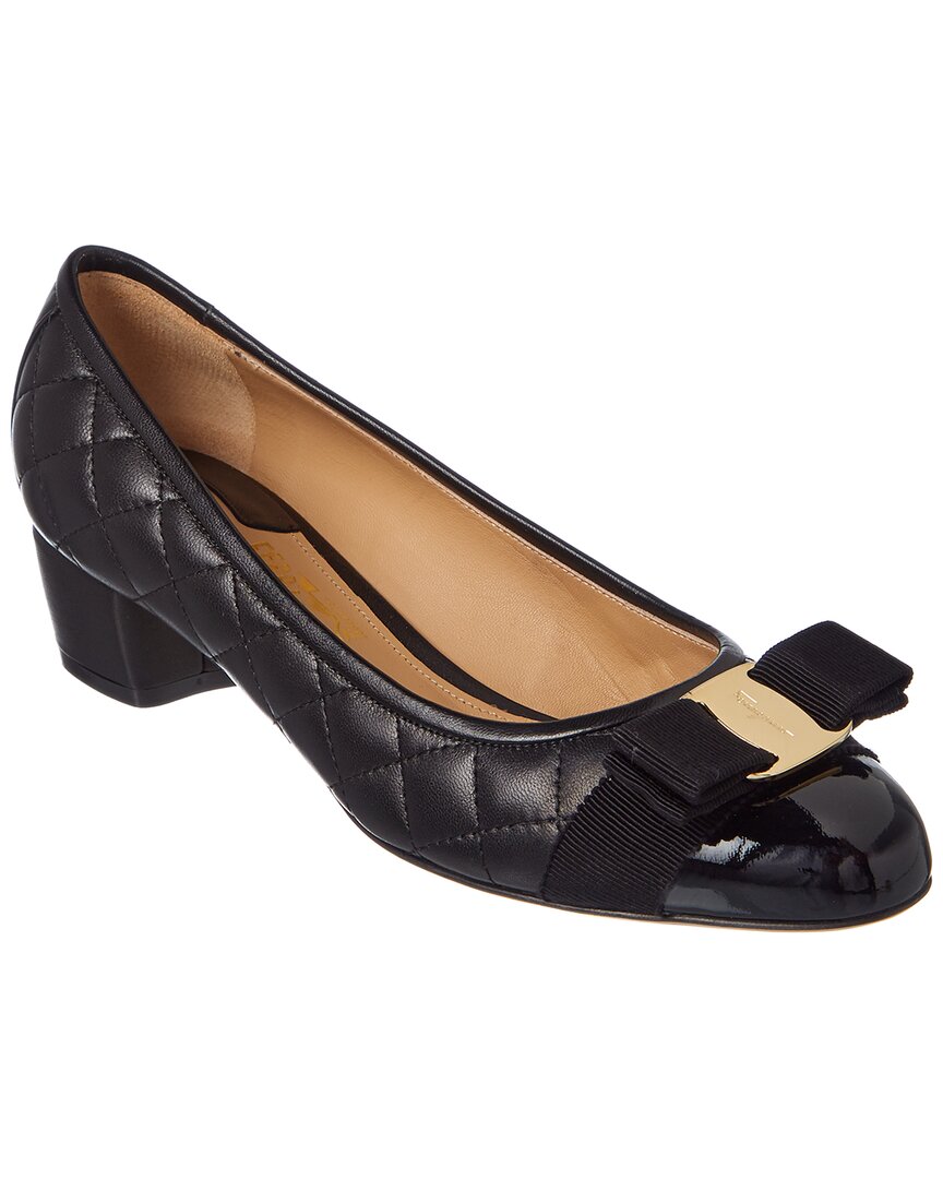 Ferragamo Vara Q Bow-embellished Quilted Patent-leather Pumps In Black