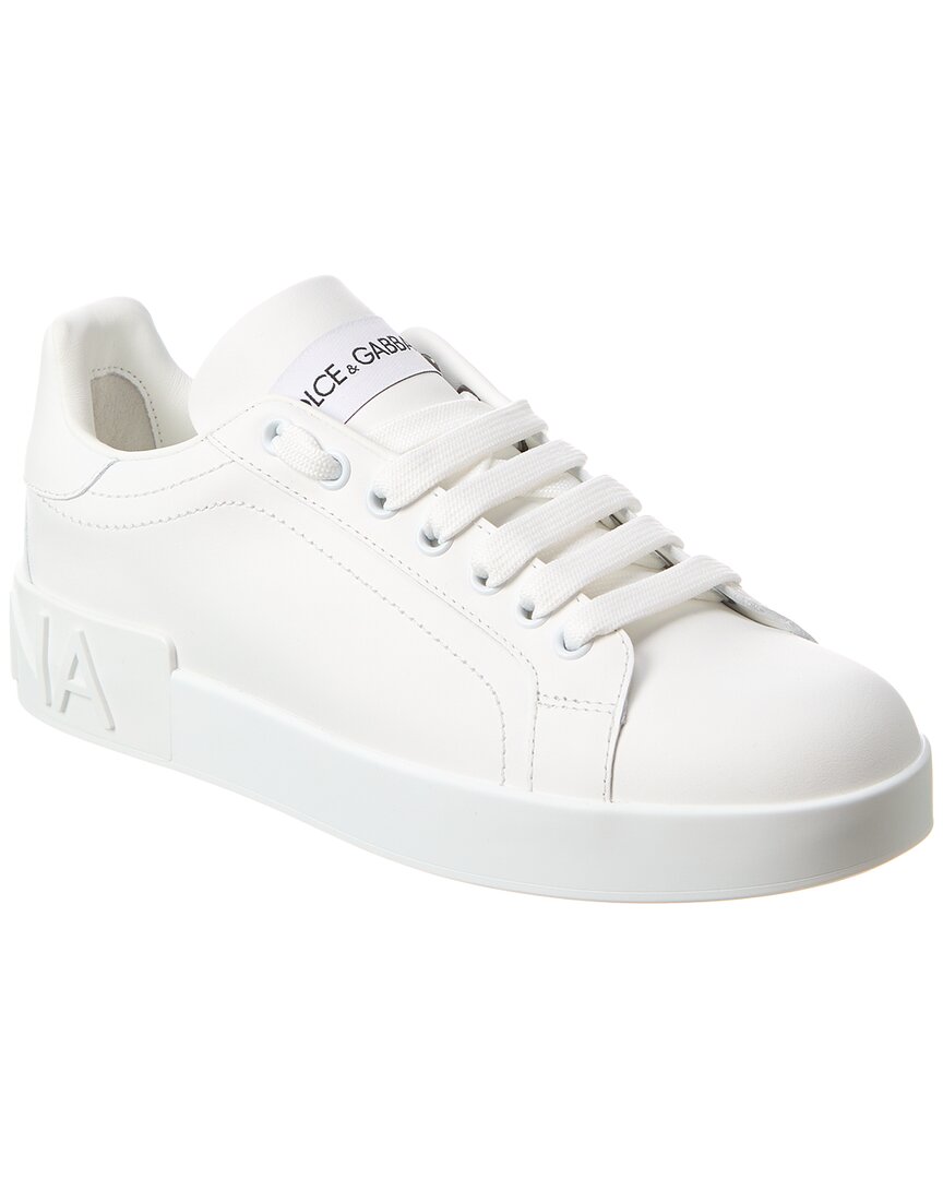Dolce & Gabbana Leather Sneakers With Perforated Logo Detail In White
