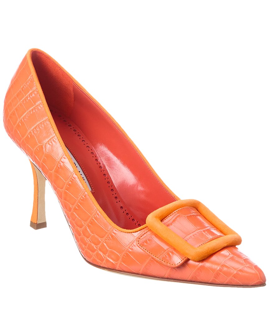 Manolo Blahnik Maysale 90 Croc-embossed Leather & Suede Pump In Orange
