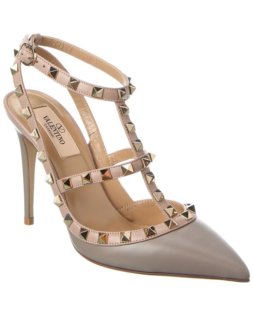 Valentino Rockstud Caged 65 Leather Ankle Strap Pump In Grey