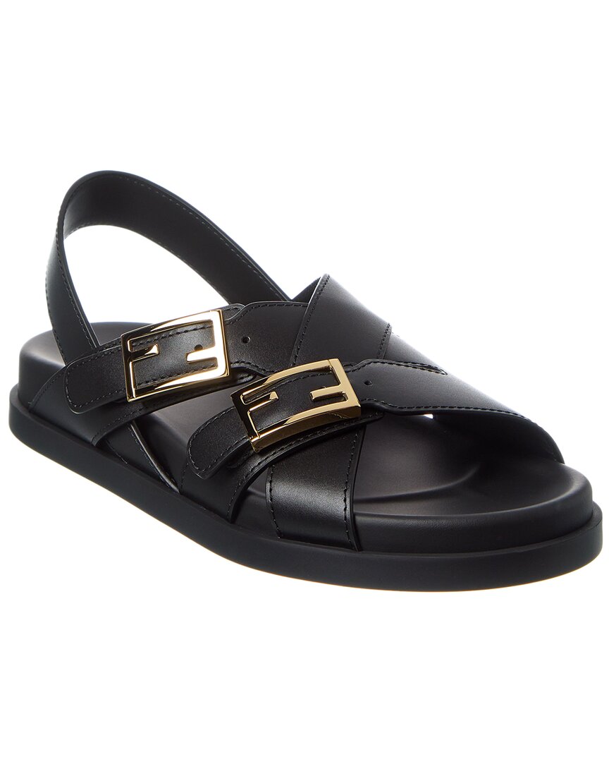 Fendi Women Black Singback Sandals With Ff Buckle Closure And Criss-crossed Straps In Leather Woman
