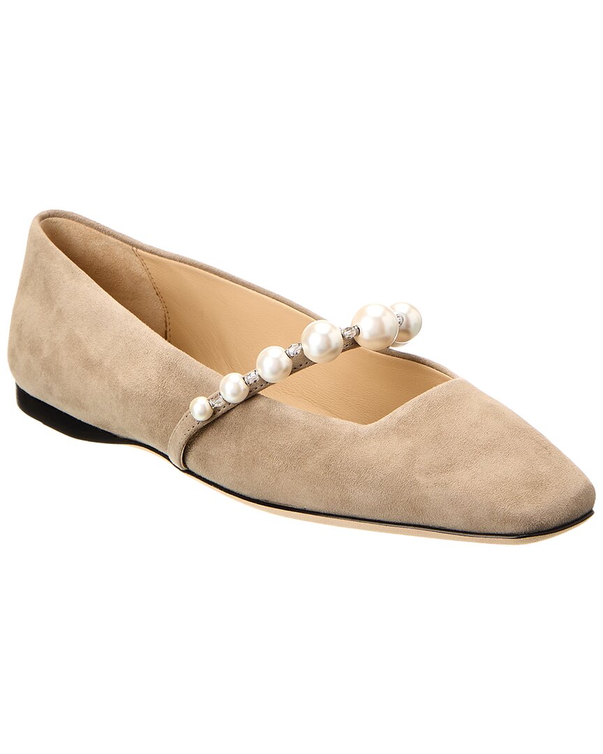Jimmy Choo Suede Leather Ballerina Flats With Pearl In Beige