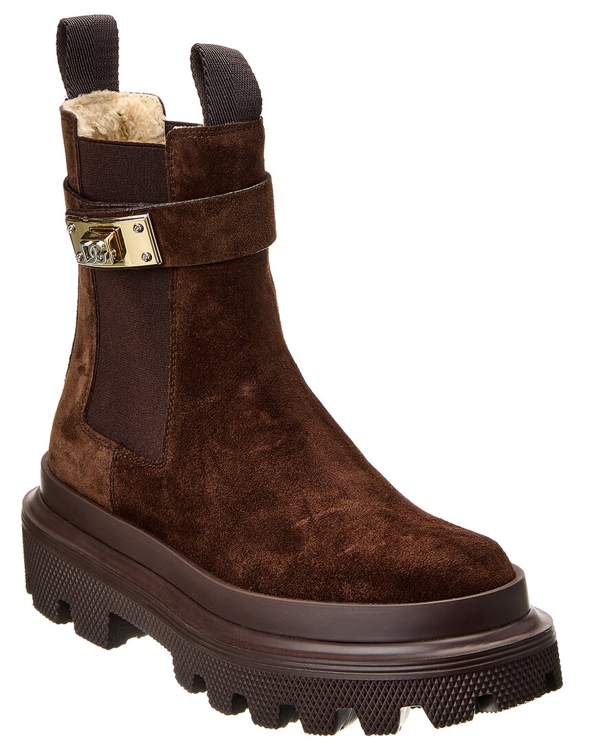 Dolce & Gabbana Logo Suede Chelsea Boot In Brown