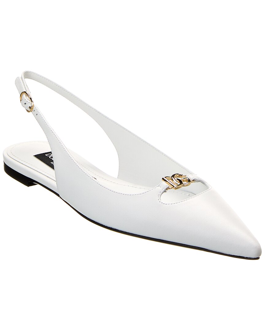 Dolce & Gabbana White Slingback Ballet Flats With Logo Detail In Leather Woman In White