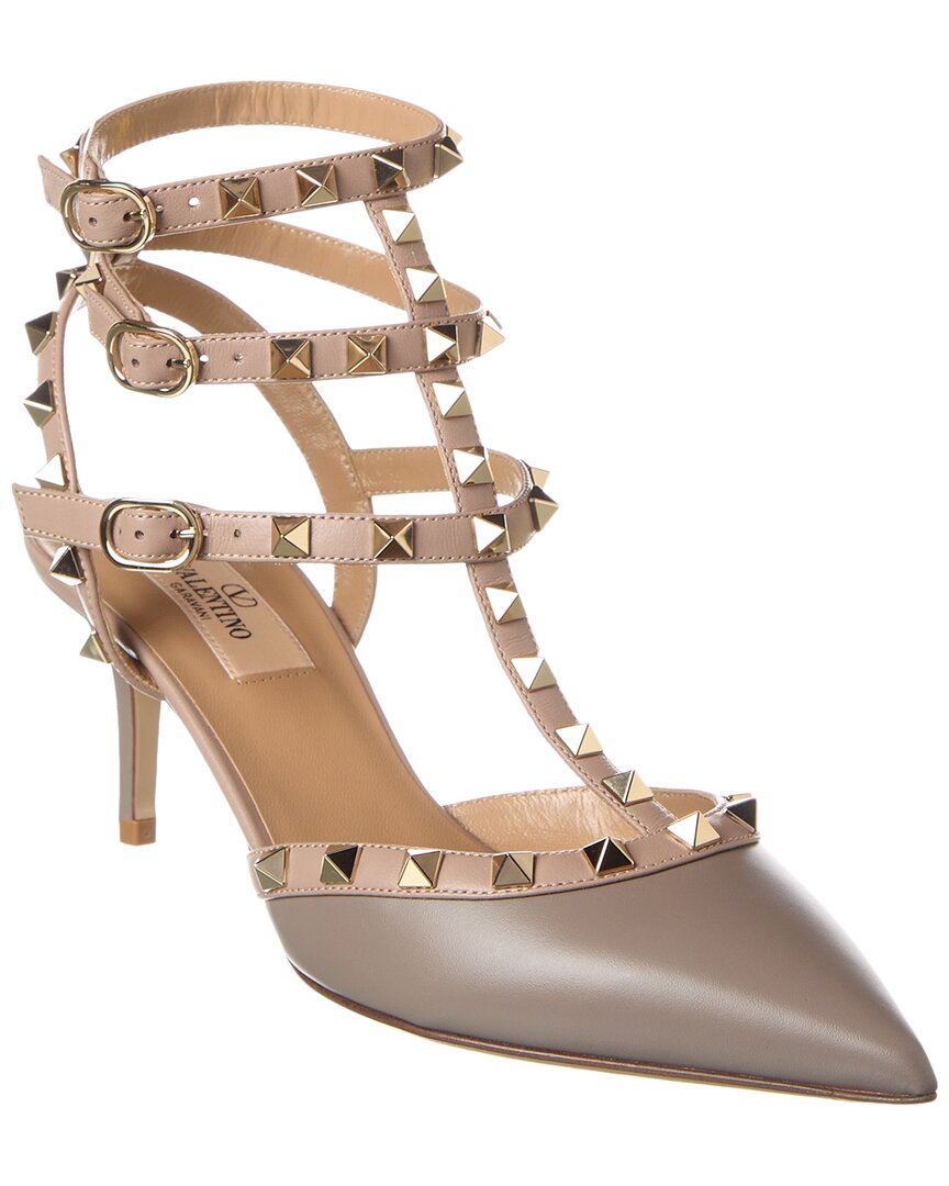 Valentino Rockstud Caged 65 Leather Ankle Strap Pump In Grey