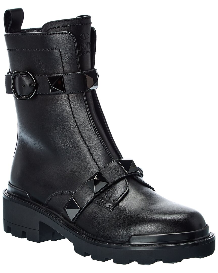 Valentino Roman Stud Leather Combat Boot Womens Black 40.5