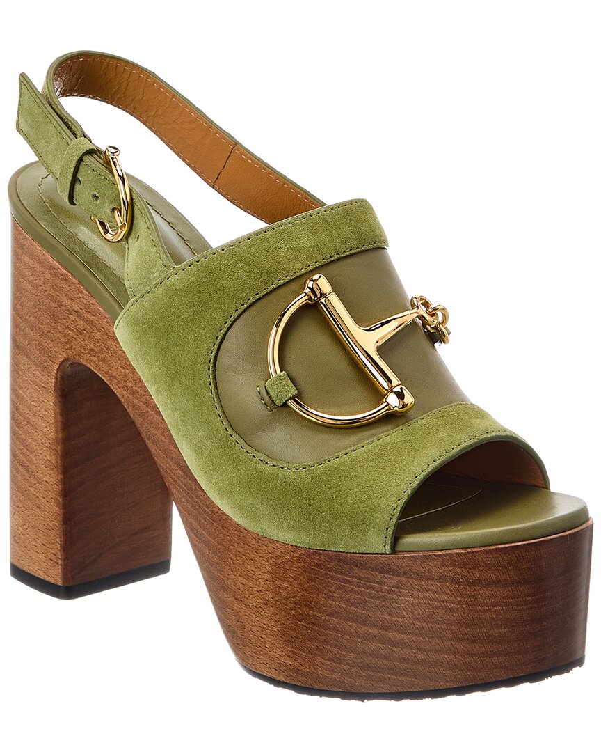 Gucci Horsebit Suede & Leather Platform Sandal In Green