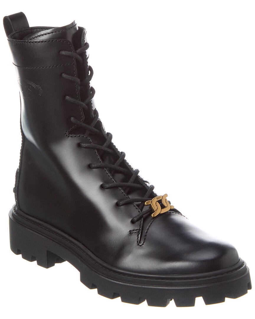 Tod's Logo Leather Combat Boot In Black