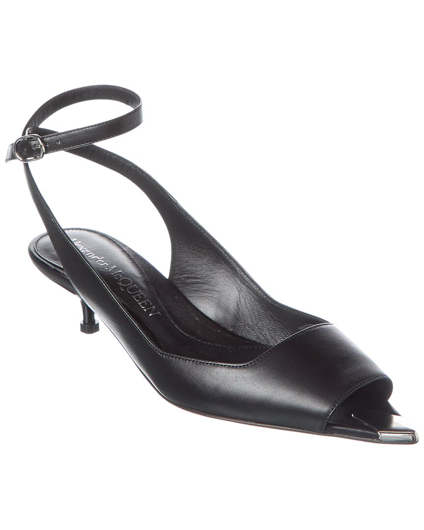 Alexander Mcqueen Black Leather Sandals With Kitten Heel In Black