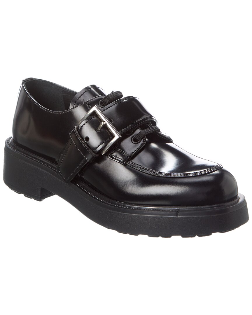 Prada Brushed Leather Lace-up Shoes With Strap In Black