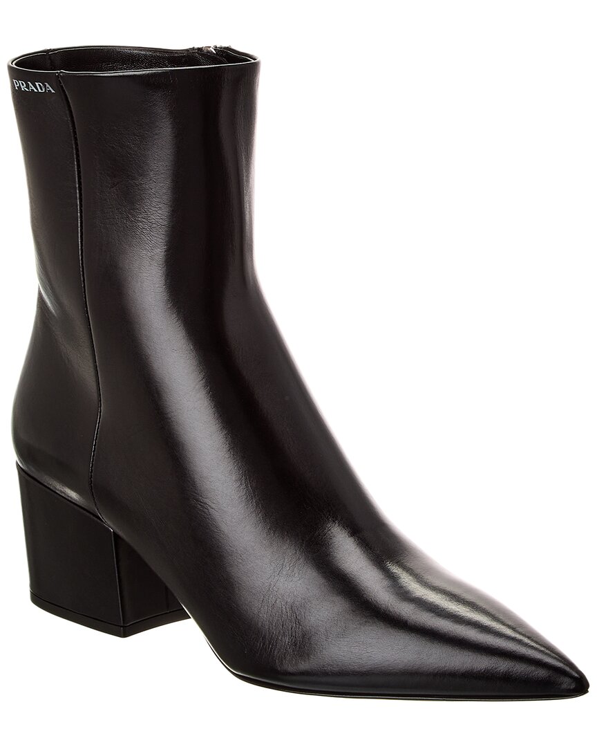 Prada Block Heel Leather Bootie In Black