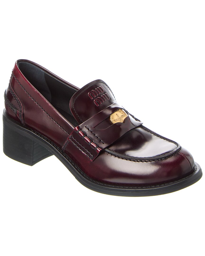 Shop Miu Miu Logo Leather Loafer In Brown