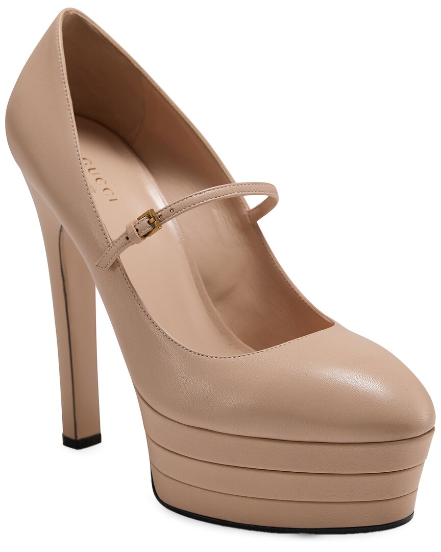 Gucci Mary Jane Leather Pump In Beige