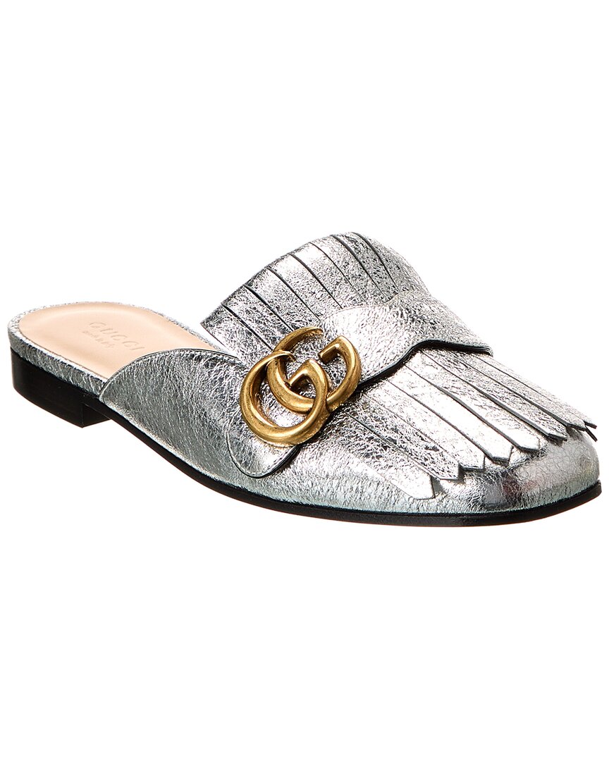 Gucci Gg Marmont Metallic Leather Slipper In Silver