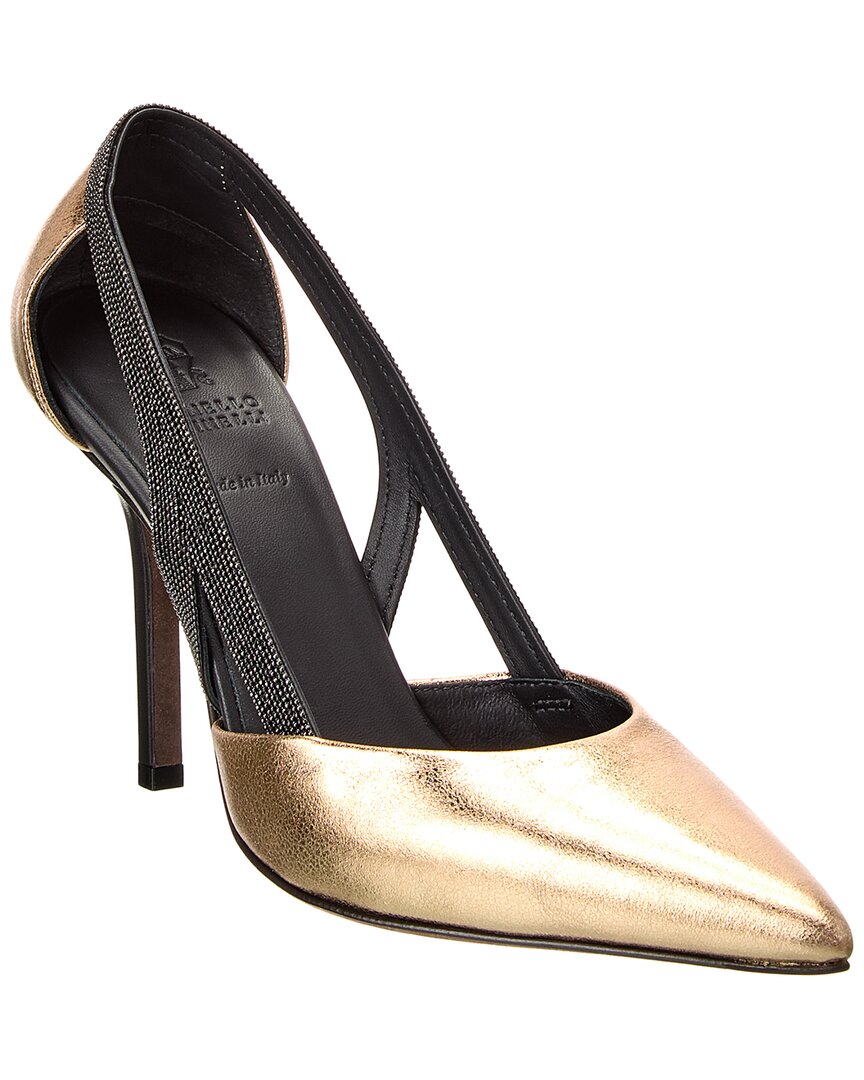 Brunello Cucinelli Bead-embellished Cutout Mirrored-leather Pumps In Gold