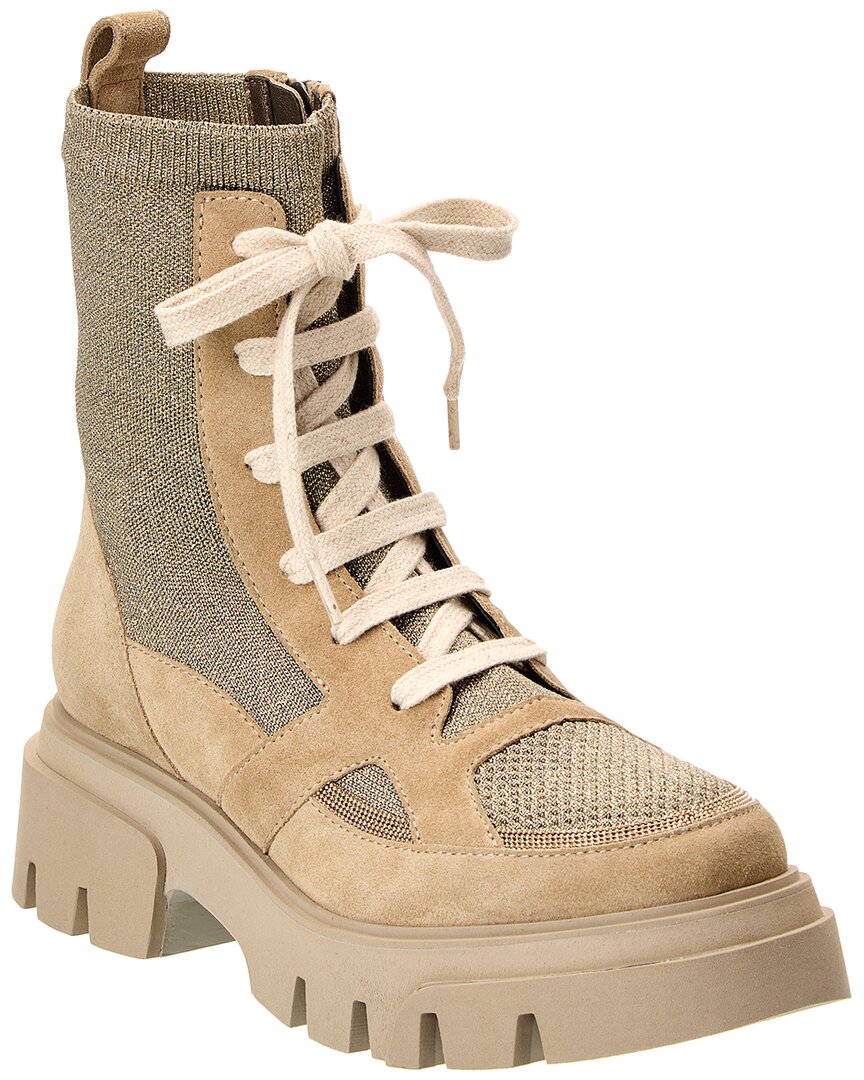 Brunello Cucinelli Round-toe Lace-up Ankle Boots In Beige