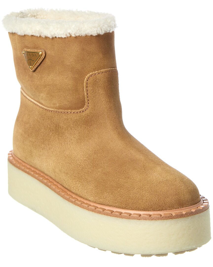 Prada Logo Suede & Shearling Platform Boot In Brown