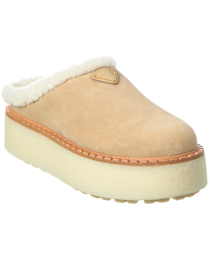 Prada Shearling Lining Suede Slippers In Neutral