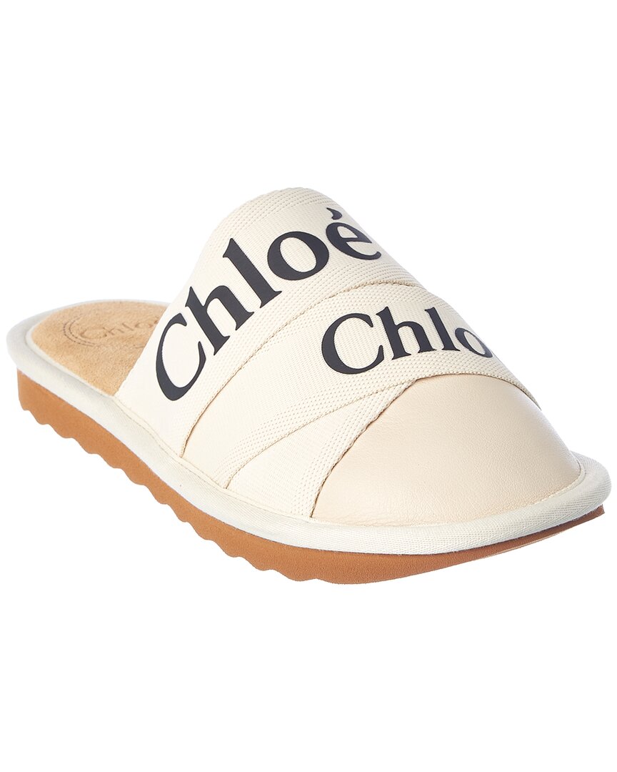 Shop Chloé Woody Canvas & Leather Slipper In White