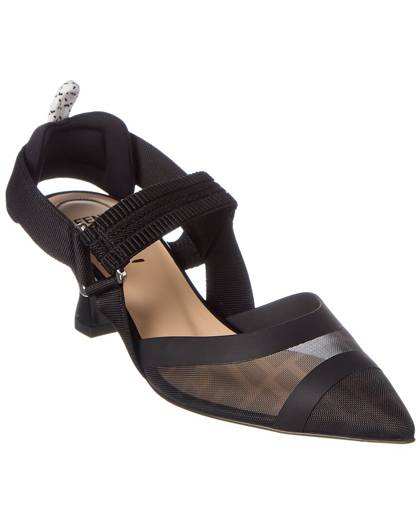 Fendi Black Leather And Mesh Slingbacks With Medium Heel In Animal Print
