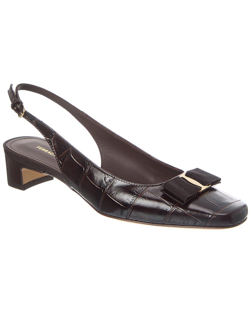 Ferragamo Rivada Croc-embossed Leather Slingback Pump In Brown