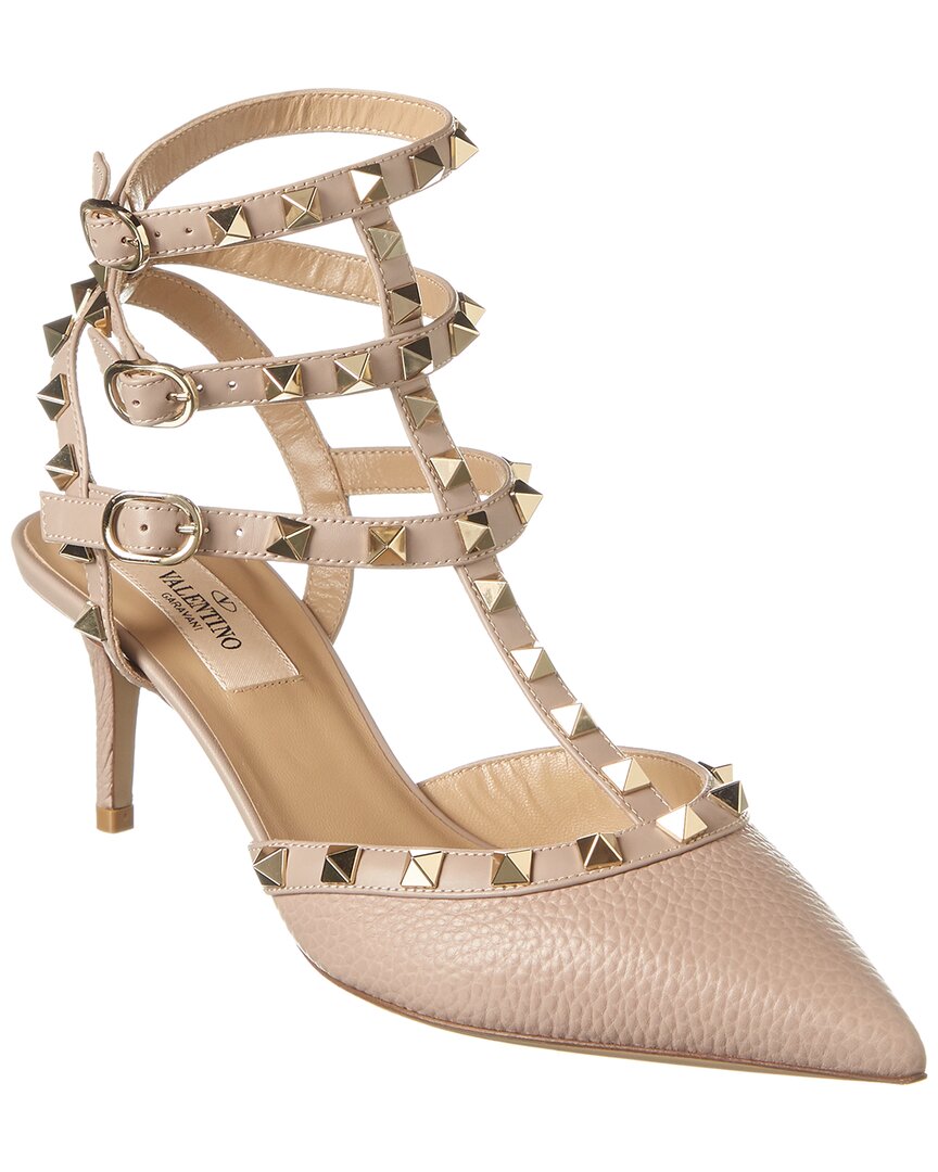 Valentino Rockstud Caged 65 Grainy Leather Ankle Strap Pump In Pink