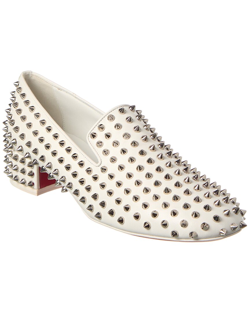 Christian Louboutin Spikeasy Studded Red Sole Slip-on Loafers In White