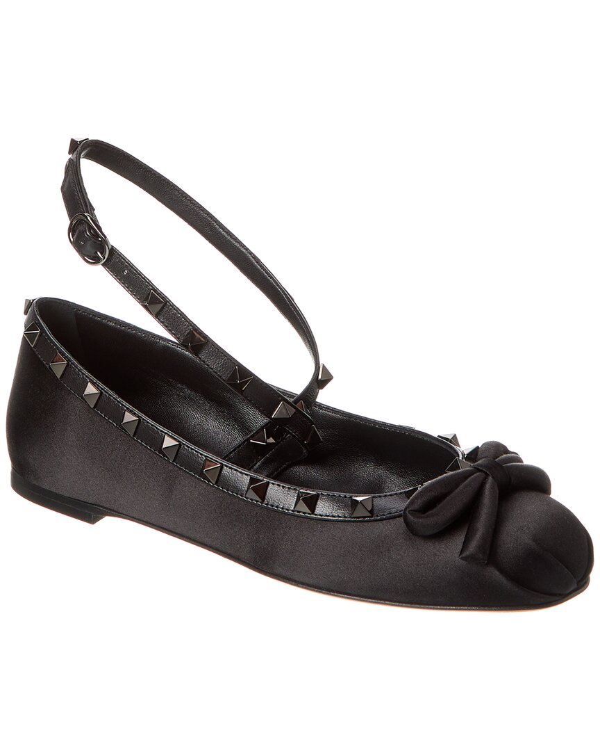 Valentino Garavani Rockstud Bow Detailed Ballerina Shoes In Black