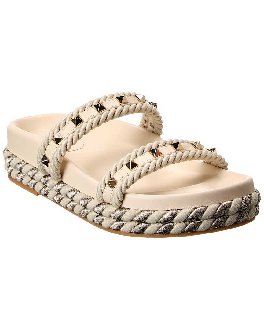 Valentino Rockstud Rope & Leather Slide In White