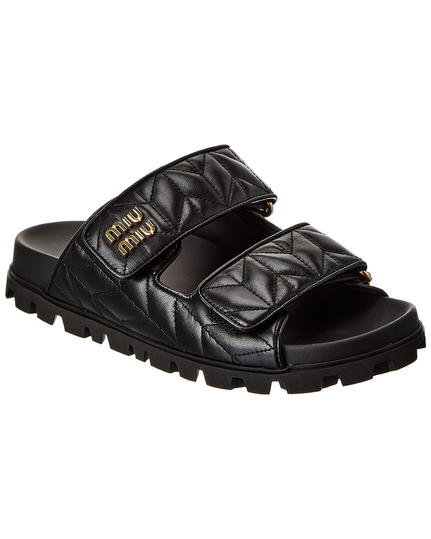 Miu Miu Logo Straw & Leather Sandal In Black