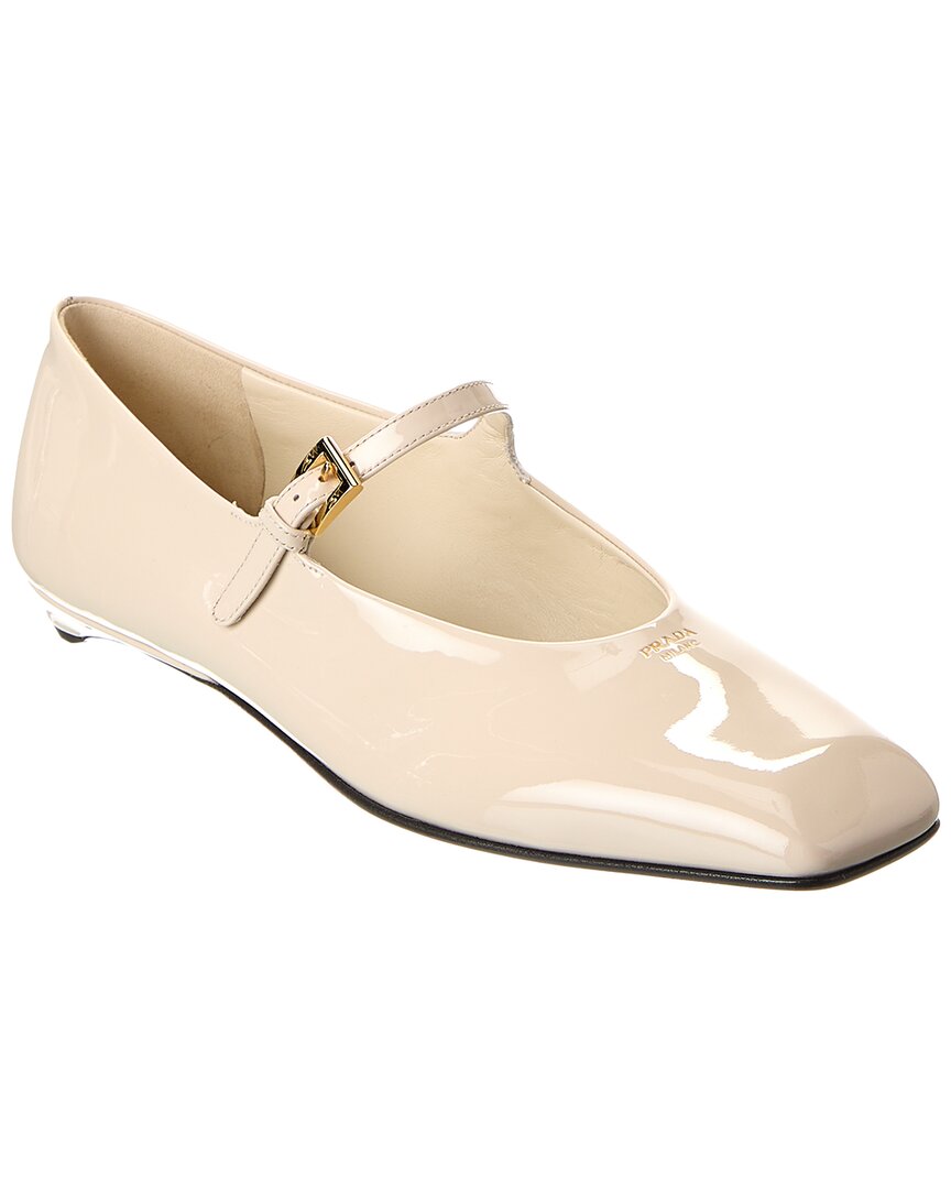 Prada Leather Ballerinas With Patent Finish And Round Toe In White