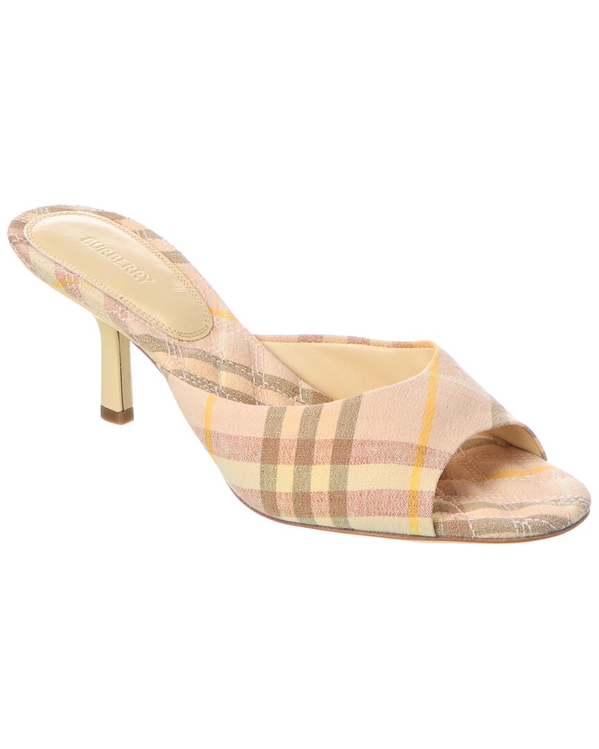 Burberry Beige Check Linen Mule Sandals With 6.5 Cm Heel Lf Mews 65 Chk 162393 In Pink