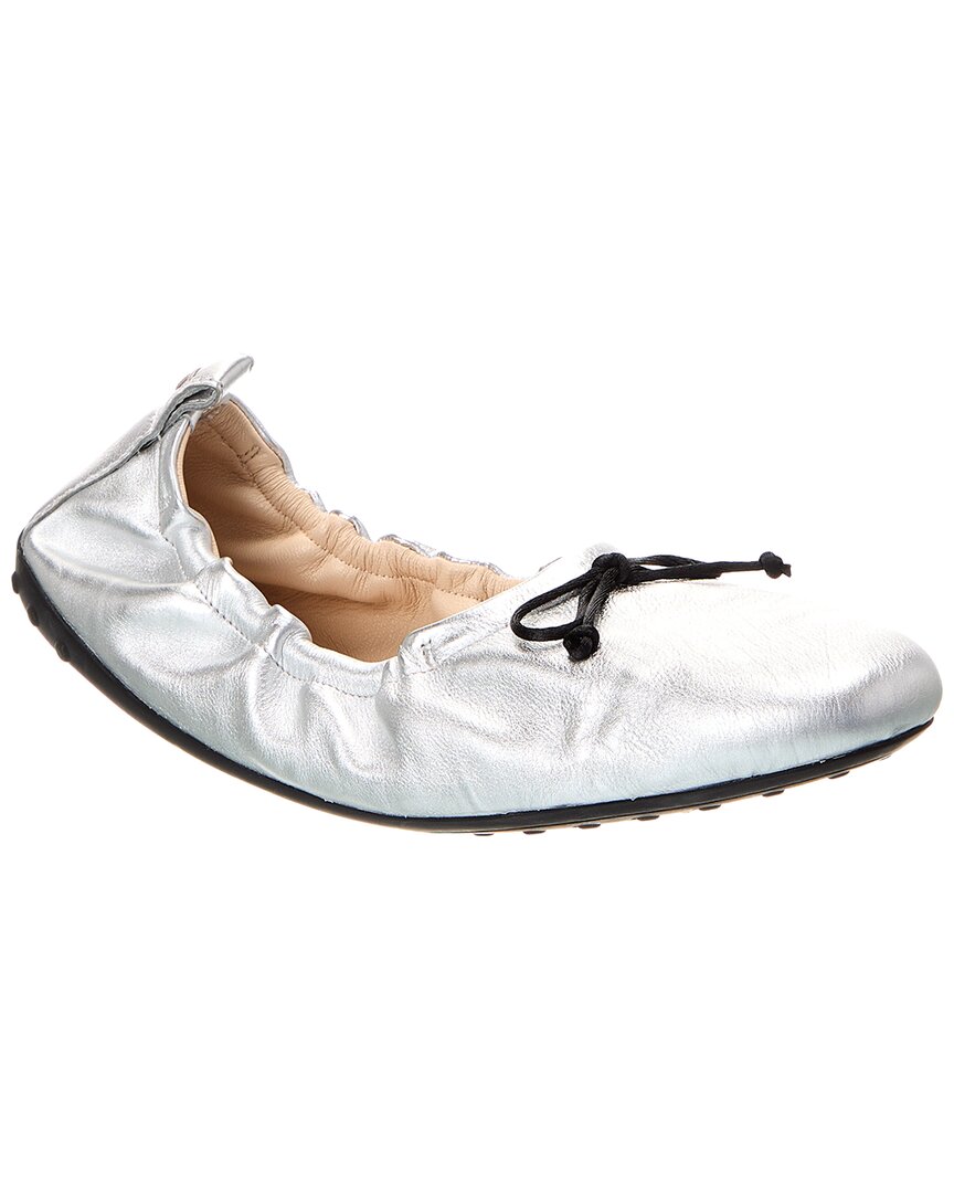 Tod's Leather Ballerina Flat In Silver